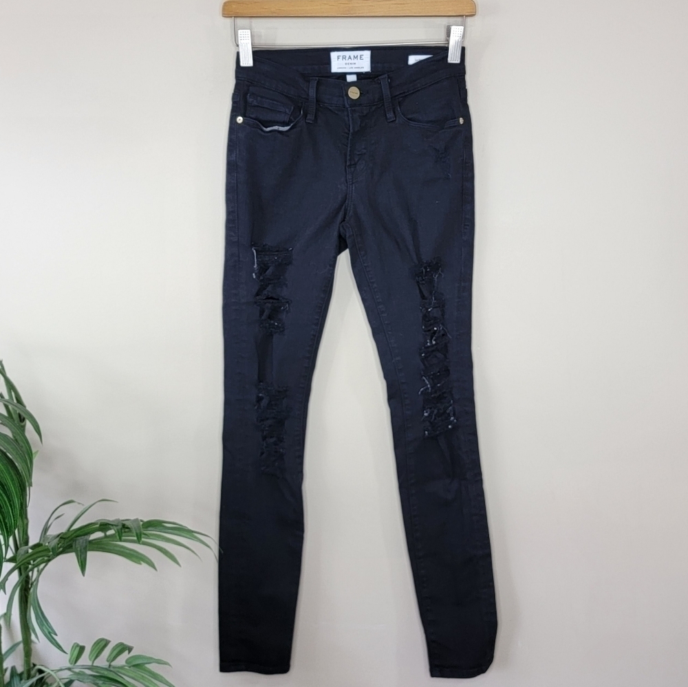 Frame Le Skinny de Jeanne Distressed Black Jeans Size 24